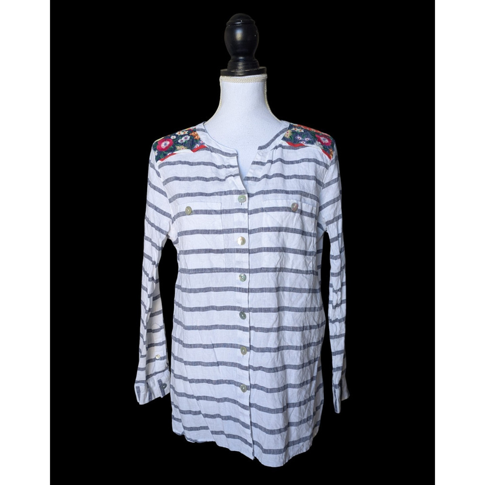 John Mark 100% Linen Striped Button Down Blouse Size Medium Embroidered Boho
